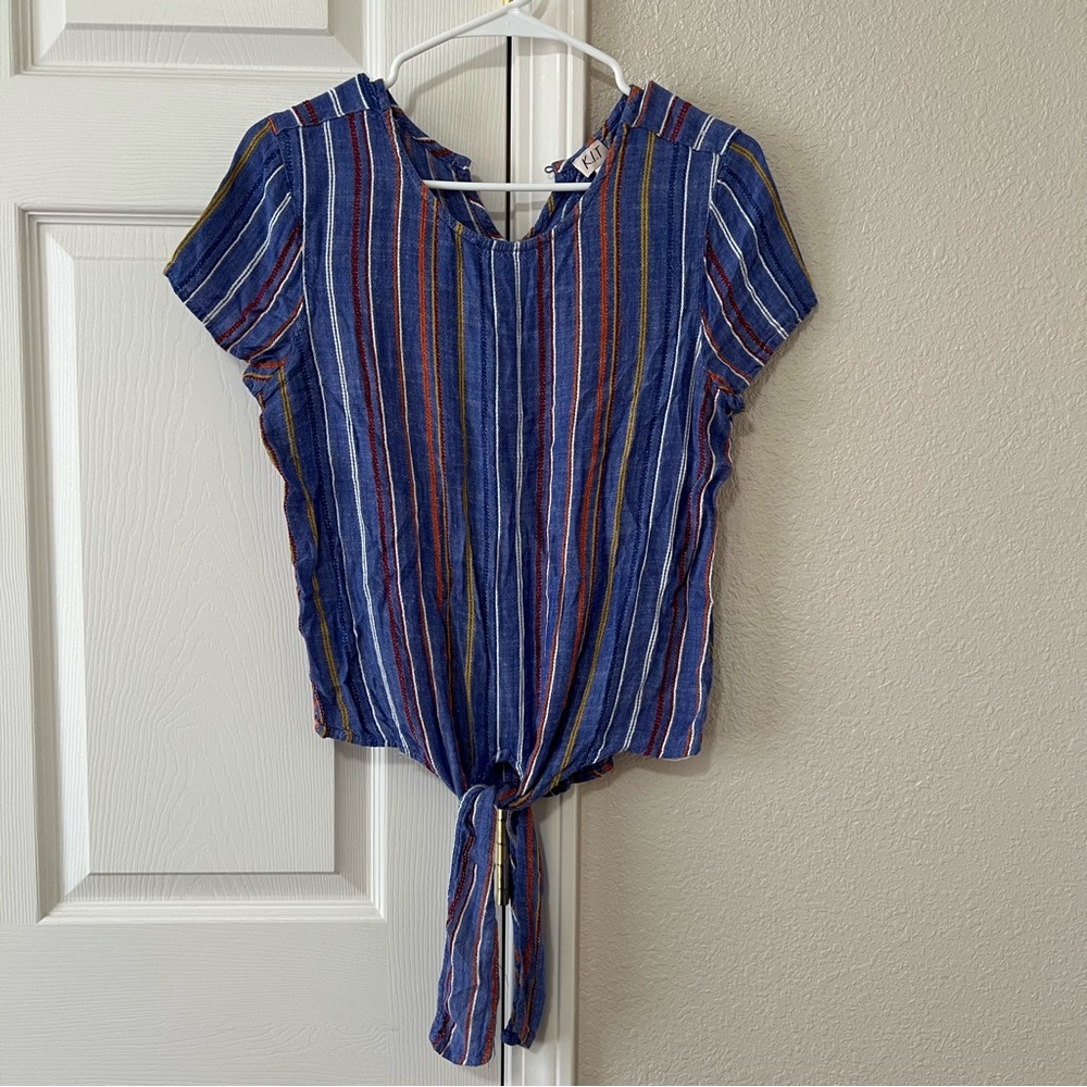 K.I.T Striped Blue Tie Front Blouse - Small ‼️flawed